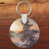 冬の雪の海の海岸の夕日 キーホルダー (正面)