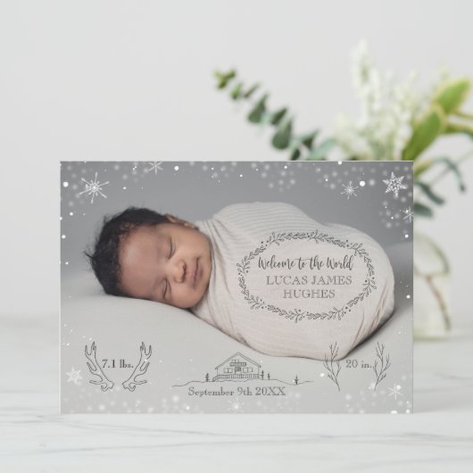 冬の雪の男の赤ちゃん写真誕生のお知らせ 案内状 (スタンド正面)
