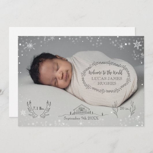 冬の雪の男の赤ちゃん写真誕生のお知らせ 案内状 (正面/裏面)