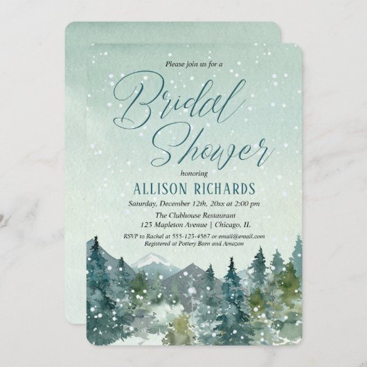 冬の雪の秋山素朴なブライダルシャワー 招待状 (正面/裏面)