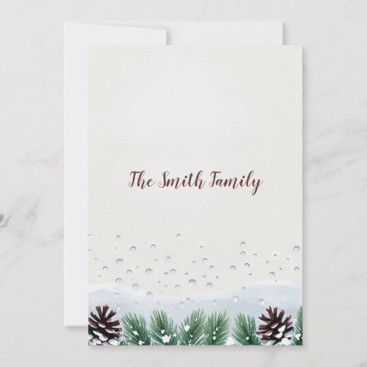 冬の雪の秋茶色の松のコーンのクリスマスパーティー 招待状 (裏面)