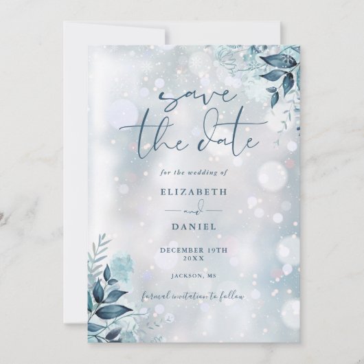 冬の雪の素朴フローラの結婚写真 セーブザデート (正面)