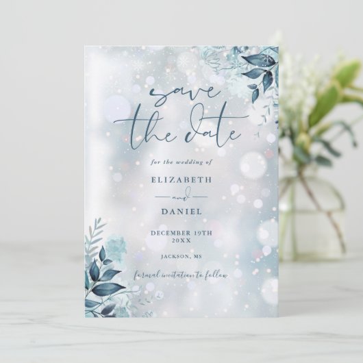 冬の雪の素朴フローラの結婚写真 セーブザデート (スタンド正面)