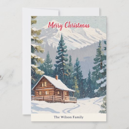 冬の雪の素朴国のキャビンのクリスマス シーズンカード (正面)