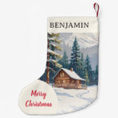冬の雪の素朴国キャビンのメリークリスマス スモールクリスマスストッキング (裏面)