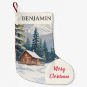 冬の雪の素朴国キャビンのメリークリスマス スモールクリスマスストッキング (正面)