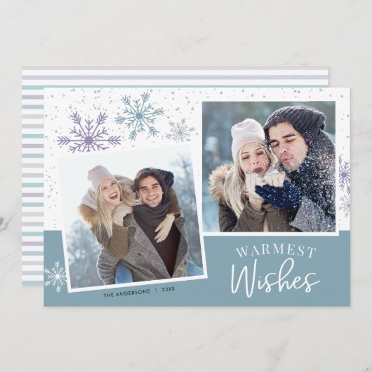 冬の雪の紫の青2枚の写真クリスマス シーズンカード (正面/裏面)