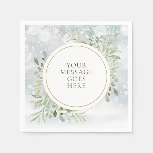 冬の雪の結晶が緑の葉 スタンダードカクテルナプキン (正面)