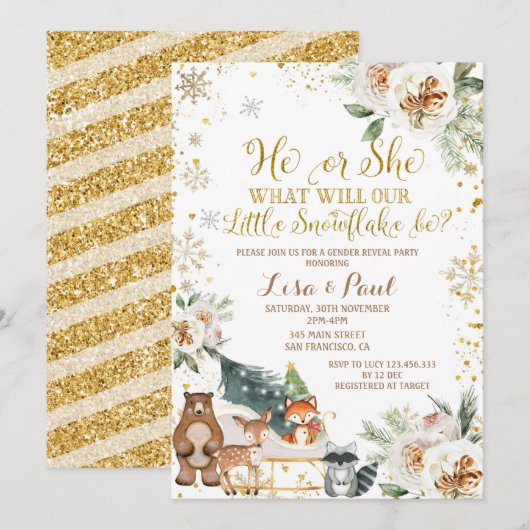 冬の雪の結晶と森林の動物　性別発表 招待状 (正面/裏面)