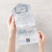 冬の雪の結晶と田舎風の花のQRコード付きウェディング オールインワン招待状 (貼ってはがせる)