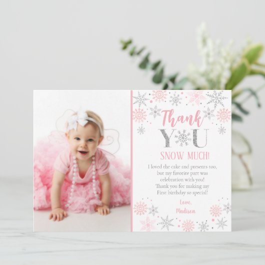 冬の雪の結晶の写真 1歳の誕生日お礼カード 招待状 (スタンド正面)