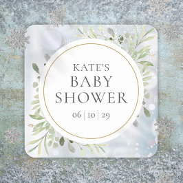 冬の雪の結晶の水の色の緑のベビーシャワー スクエアシール