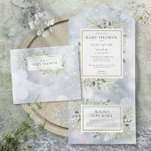 冬の雪の結晶の緑の葉ベビーシャワー オールインワン招待状