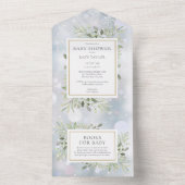 冬の雪の結晶の緑の葉ベビーシャワー オールインワン招待状 (内側)