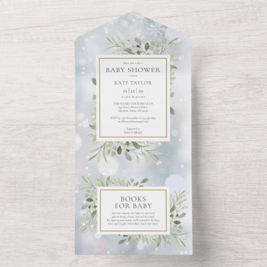 冬の雪の結晶の緑の葉ベビーシャワー オールインワン招待状 (内側)