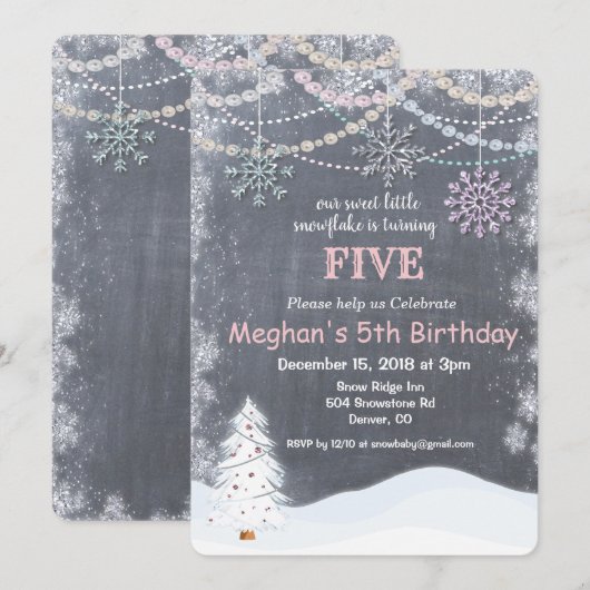 冬の雪の結晶の誕生日招待状  どの年齢にも 招待状 (正面/裏面)
