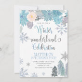 冬の雪の結晶の誕生日招待状 青い少年 招待状 (正面)