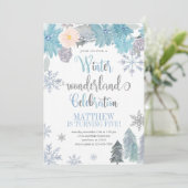 冬の雪の結晶の誕生日招待状 青い少年 招待状 (スタンド正面)