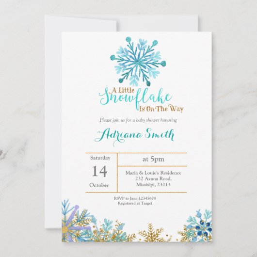 冬の雪の結晶をテーマにした男の子のベビーシャワー 招待状 (正面)
