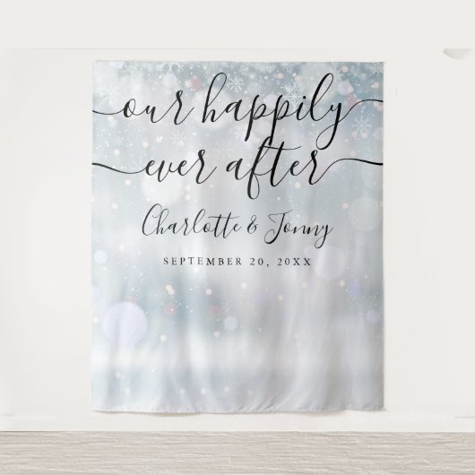 冬の雪の結晶スクリプト ウェディング フォトブース プロップ タペストリー (正面)