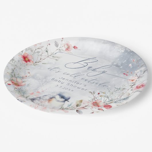 冬の雪の結晶ベビーその冷たい外の鳥 ペーパープレート (アングル)