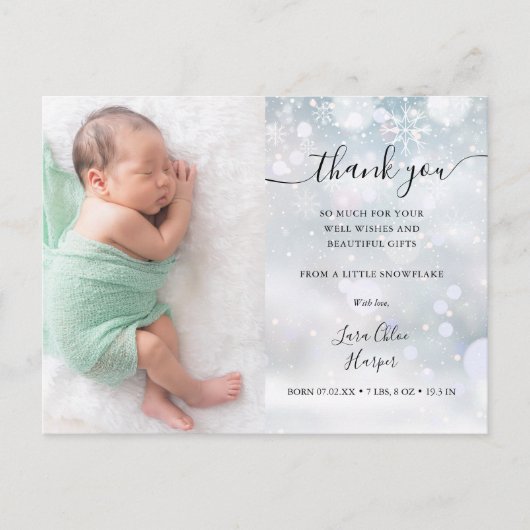 冬の雪の結晶ベビー写真ありがとう誕生 案内ポストカード (正面)