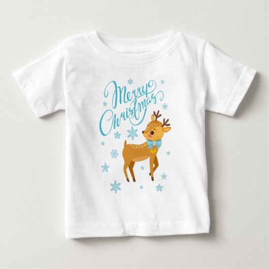 冬の雪の結晶 メリークリスマス 鹿 | ホリデー ベビーTシャツ (正面)