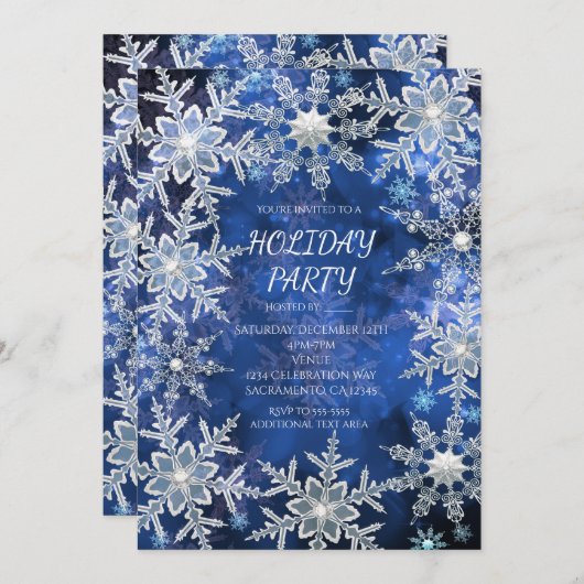 冬の雪の結晶 青いホリデーパーティーの招待状 招待状 (正面/裏面)