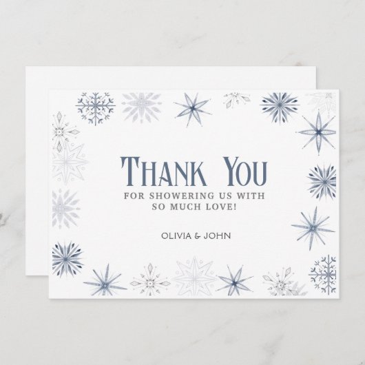 冬の雪の結晶(青と灰色) サンキューカード (正面/裏面)