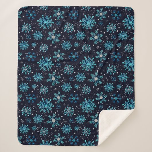 冬の雪の結晶（青と銀） シェルパブランケット (正面)