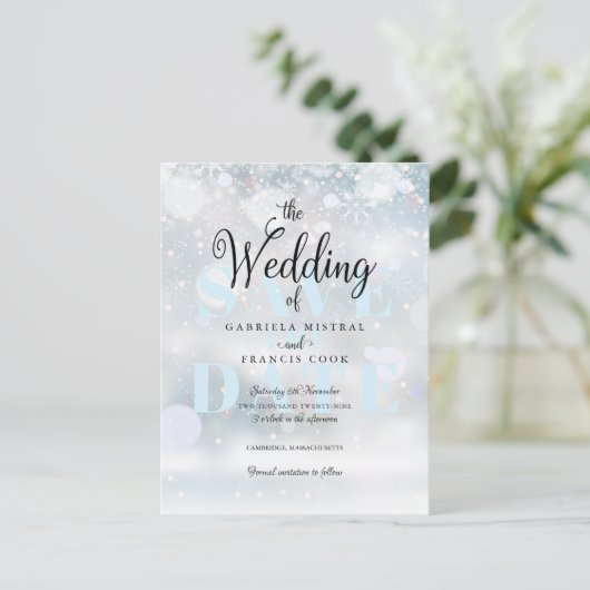 冬の雪の結晶 Save the Date カード (スタンド正面)