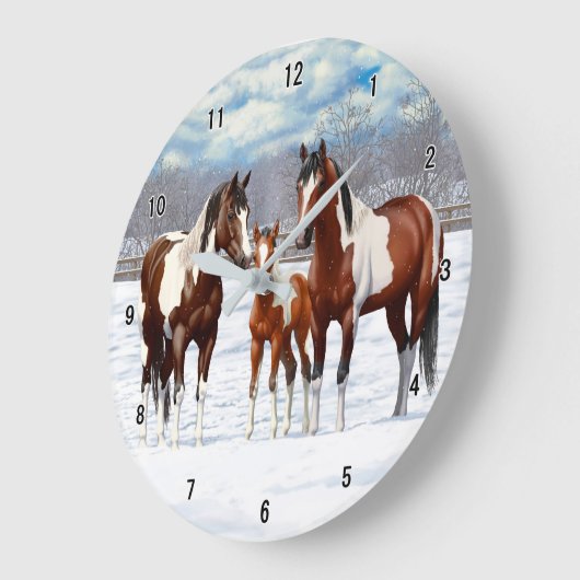 冬の雪の絵を描中に馬を追い込む ラージ壁時計 (傾斜)