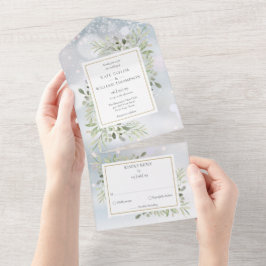 冬の雪の緑のモノグラム結婚ズ オールインワン招待状