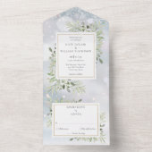 冬の雪の緑のモノグラム結婚ズ オールインワン招待状 (内側)