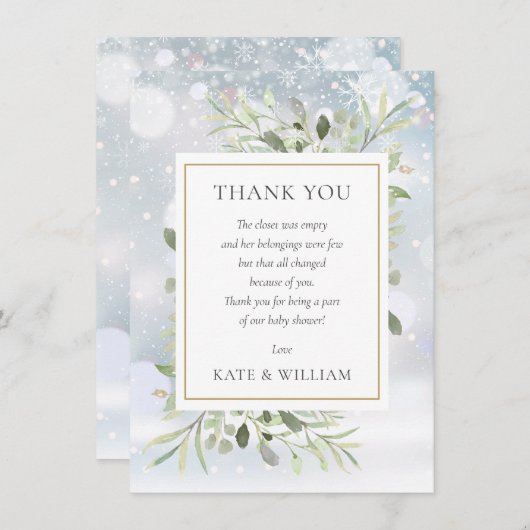冬の雪の緑の赤ちゃんシャワー詩 サンキューカード (正面/裏面)