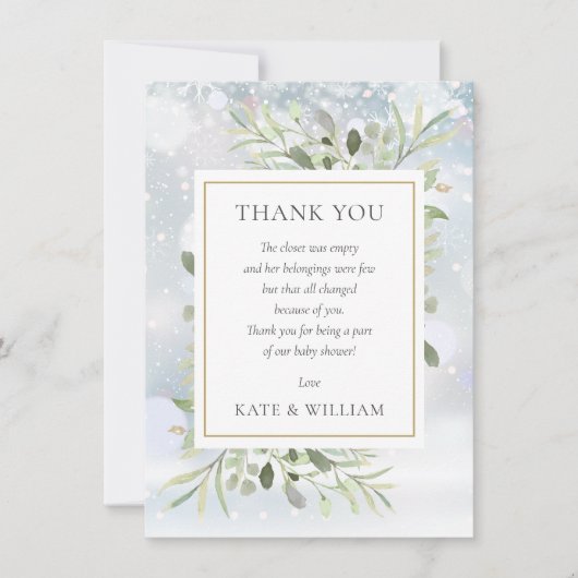 冬の雪の緑の赤ちゃんシャワー詩 サンキューカード (正面)