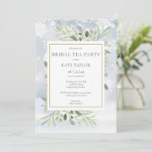 冬の雪の花と緑の葉のブライダル ティーパーティー 招待状 (スタンド正面)
