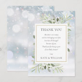冬の雪の花と緑の葉のベイビーシャワーの詩 サンキューカード (正面/裏面)