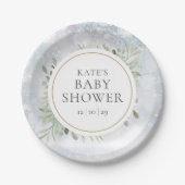 冬の雪の花と緑の赤ちゃん歓迎会 ペーパープレート (正面)