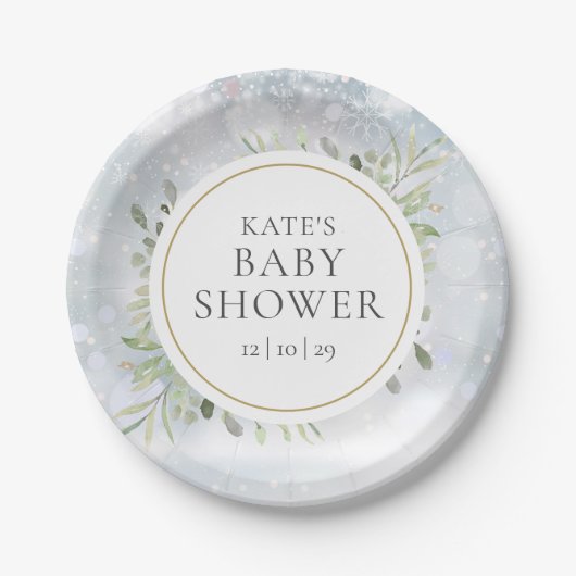 冬の雪の花と緑の赤ちゃん歓迎会 ペーパープレート (正面)