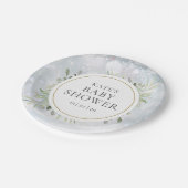 冬の雪の花と緑の赤ちゃん歓迎会 ペーパープレート (アングル)