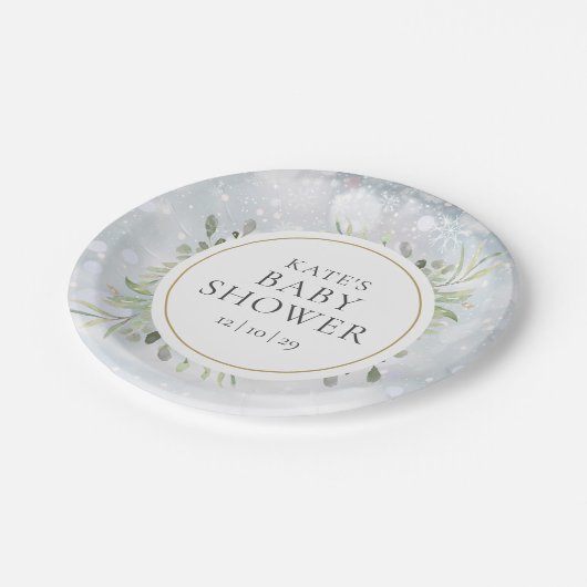 冬の雪の花と緑の赤ちゃん歓迎会 ペーパープレート (アングル)