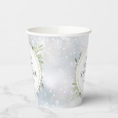 冬の雪の花と緑の赤ちゃん歓迎会 紙コップ (左)