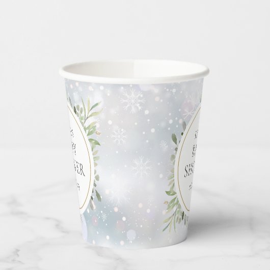 冬の雪の花と緑の赤ちゃん歓迎会 紙コップ (左)