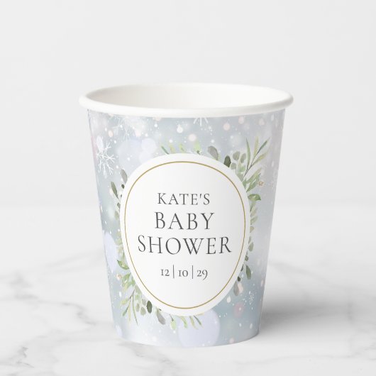 冬の雪の花と緑の赤ちゃん歓迎会 紙コップ (正面)