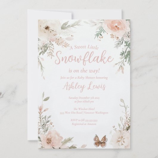 冬の雪の花の水彩画の葉 招待状 (正面)