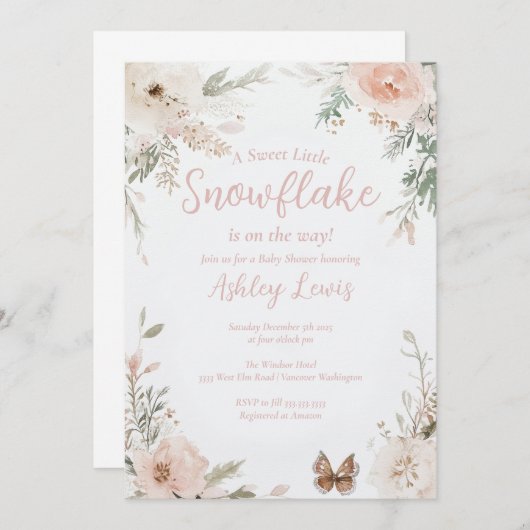 冬の雪の花の水彩画の葉 招待状 (正面/裏面)