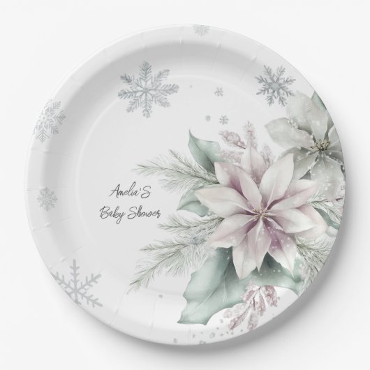 冬の雪の花柄 ベビーシャワー ペーパープレート (正面)