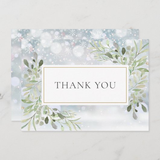 冬の雪の花 エレガントな緑 サンキューカード (正面/裏面)