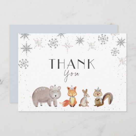 冬の雪の花、動物の誕生日、ベビーシャワー サンキューカード (正面/裏面)